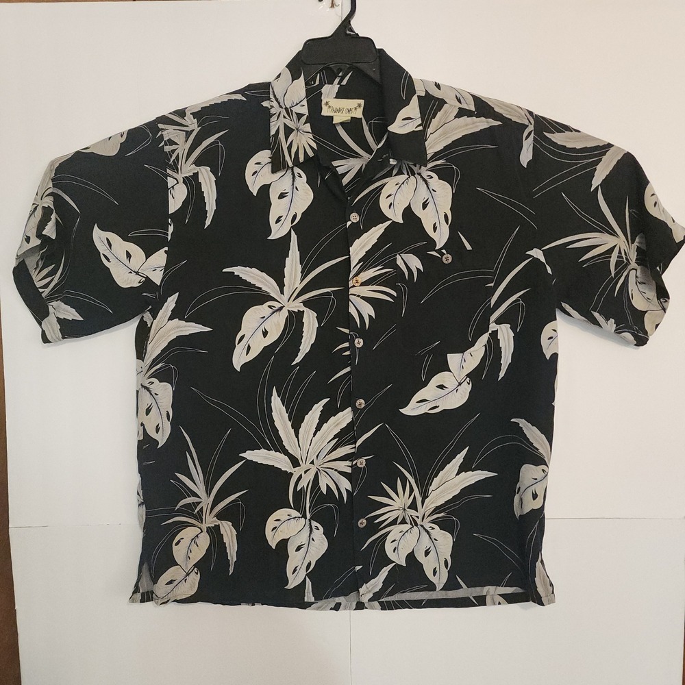 C90 Paradise Coves Mens XL Black Tropical Hawaiian Silk‎ Short Sleeve Button Up
